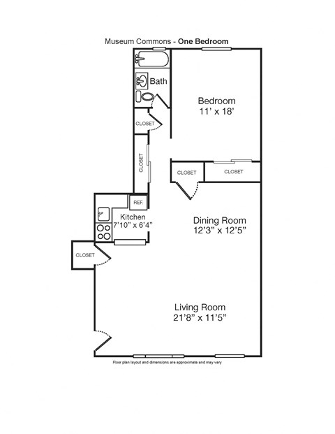 Floor plan for 1 bed, 1 bath
